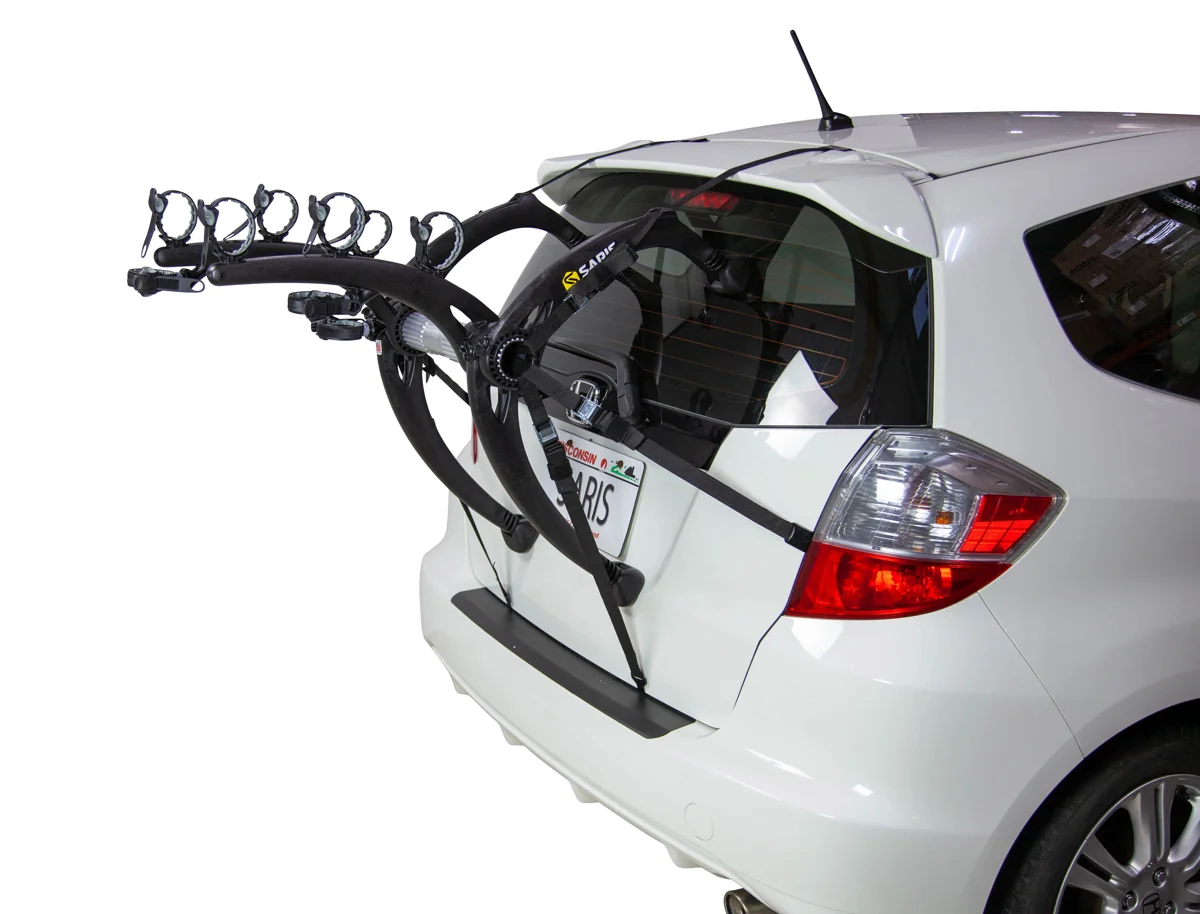 Black Saris Bones EX three-bike rack fitted to a car