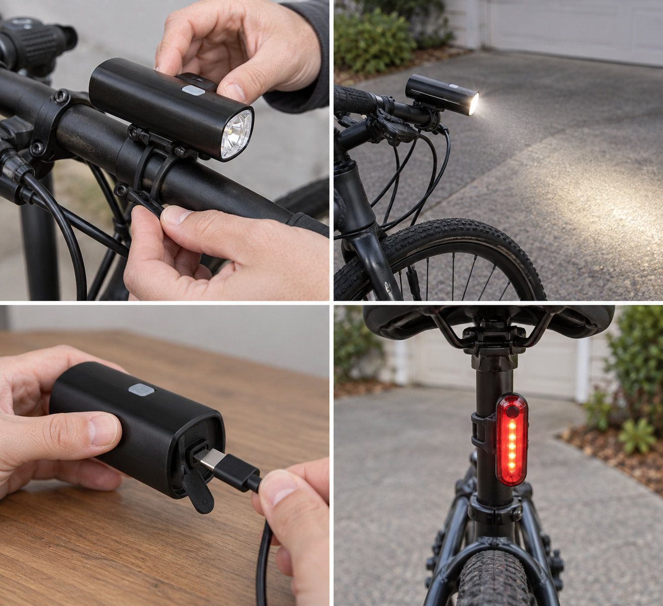 Hands attach an unbranded black front bicycle light to a flat handlebar with its proper clamp