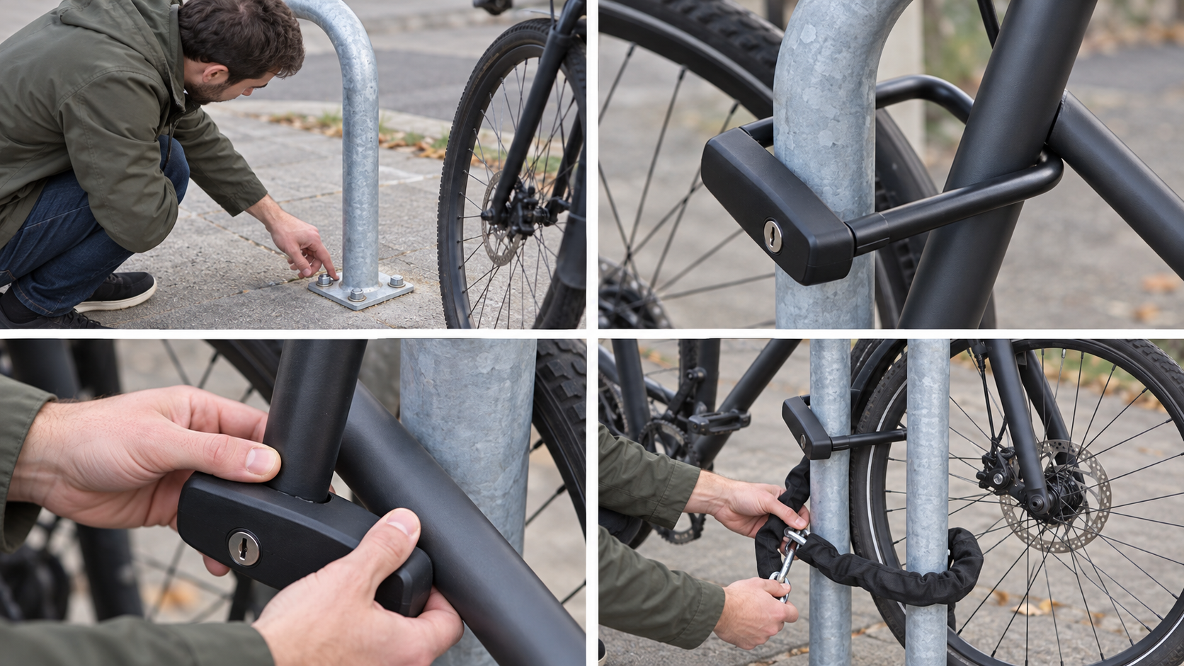 Person examining the base of a fixed Sheffield bicycle parking hoop
