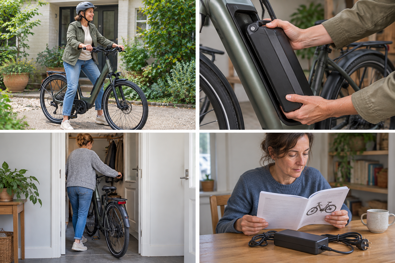 Adult trying step-through electric bike while stationary with both feet on ground
