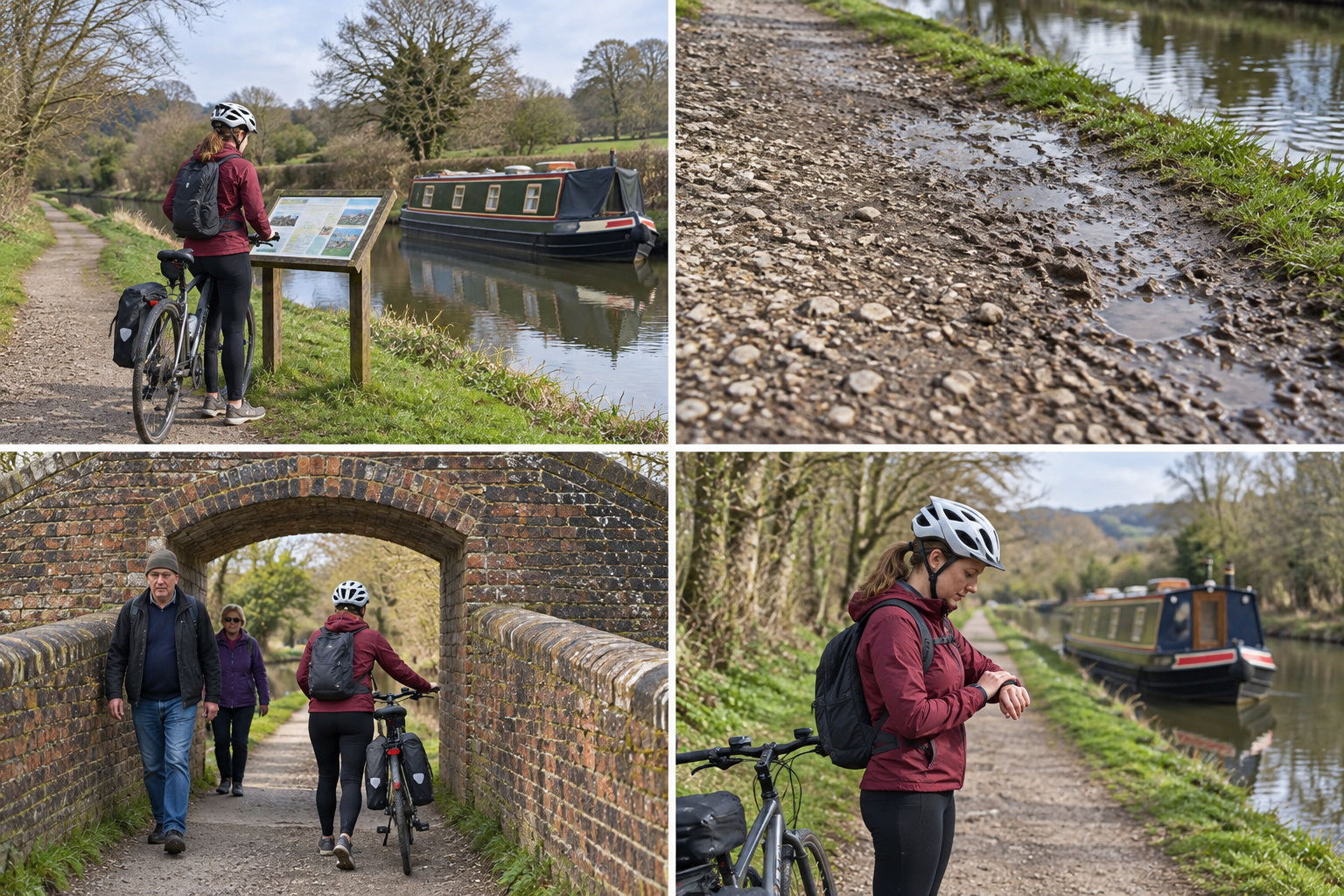 Cyclist stopped looking at information board beside recognisably British narrowboat canal, no readable invented sign