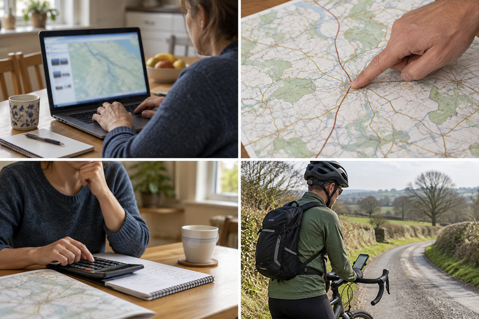 Hands planning cycling route on laptop at kitchen table; screen softly defocused no readable fake UI