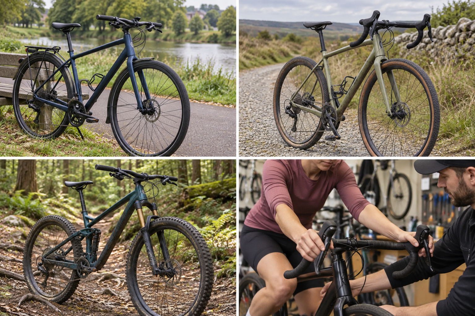 Realistic ordinary flat-bar hybrid parked beside paved path
